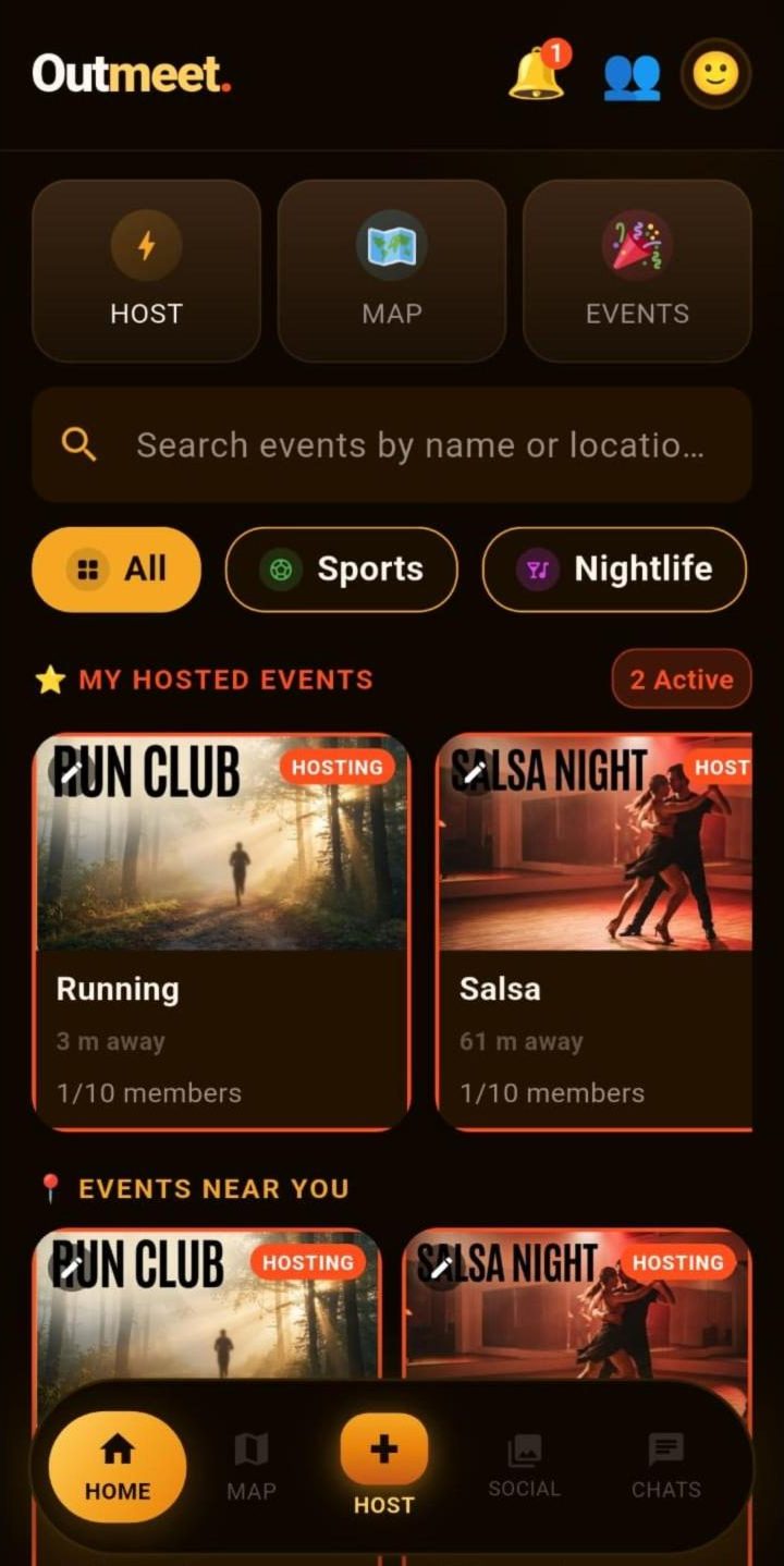 Outmeet home screen with hosted events